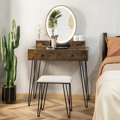 Costway Industrial Vanity Makeup Dressing Table Padded Stool Set 3-Color Lighted Mirror 3 Costway Industrial Vanity Makeup Dressing Table Padded Stool Set 3-Color Lighted Mirror