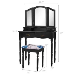 Costway Black Tri Folding Mirror Vanity Makeup Table Stool 4 Drawers -Baxton Furniture Store GUEST ede71e21 bf9d 4120 b9c3 584c77452b64