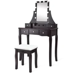 Tangkula LED Vanity Table Makeup Dresser Desk W/Drawers &Cushioned Stool Black/Brown/White -Baxton Furniture Store GUEST f1e23b87 a27b 43fd 85b2 b6378d08cc3e