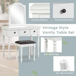 Costway Vanity Table Set Makeup Desk Cushioned Stool 3 Drawer Large Mirror White/Walnut -Baxton Furniture Store GUEST f28cea69 339f 4ed5 a07a 2edef11eb614