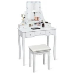 Tangkula LED Vanity Table Makeup Dresser Desk W/Drawers &Cushioned Stool Black/Brown/White -Baxton Furniture Store GUEST f42a0f80 ca14 4f2e b7de fbf29363efa6