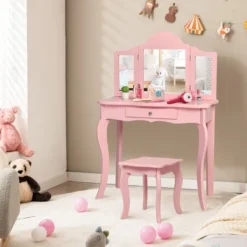 Costway Kids Vanity Table & Stool Princess Dressing Make Up Play Set For Girls Pink -Baxton Furniture Store GUEST f5484c8d 042b 40a9 b280 33260c1fa979