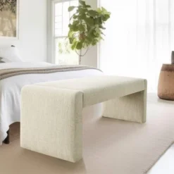 Kaia 47" Contemporary Farmhouse Linen Fabric Waterfall Upholstered Bench-The Pop Maison -Baxton Furniture Store GUEST f6cf74bf b141 48cf bc01 846765dd9dfd