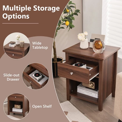 Costway 2 PCS Nightstand Side Table With Drawer Open Shelf For Living Room Bedroom Walnut/Brown 8 Costway 2 PCS Nightstand Side Table With Drawer Open Shelf For Living Room Bedroom Walnut/Brown - Image 6