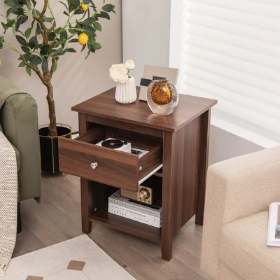 Costway 2 PCS Nightstand Side Table With Drawer Open Shelf For Living Room Bedroom Walnut/Brown 3 Costway 2 PCS Nightstand Side Table With Drawer Open Shelf For Living Room Bedroom Walnut/Brown