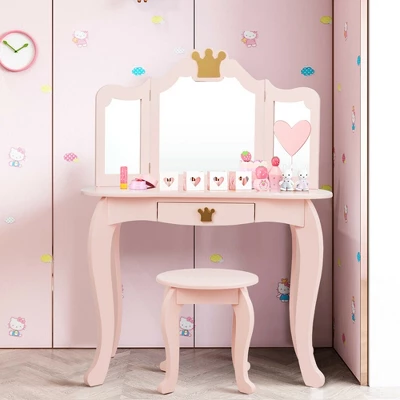 Costway Kids Makeup Dressing Table Chair Set Princess Vanity & Tri-folding Mirror 5 Costway Kids Makeup Dressing Table Chair Set Princess Vanity & Tri-folding Mirror - Image 3