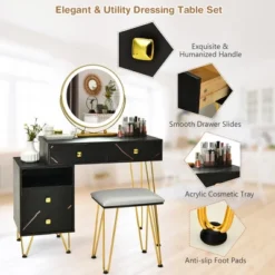 Costway Vanity Table Stool Set Dimmer LED Mirror Large Storage Cabinet Drawer Walnut BlackBrownWhite -Baxton Furniture Store GUEST faa2c5e9 3f12 408f 9652 b7523a97645a