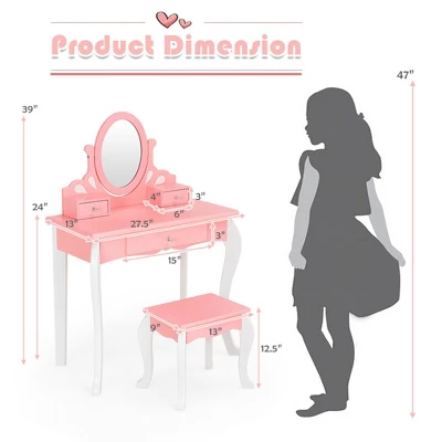 Costway Kids Vanity Princess Makeup Dressing Table Stool Set W/ Mirror Drawer 3 Costway Kids Vanity Princess Makeup Dressing Table Stool Set W/ Mirror Drawer