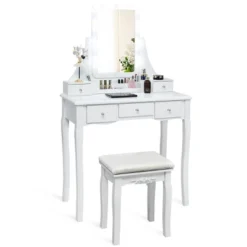 Tangkula LED Vanity Table Makeup Dresser Desk W/Drawers &Cushioned Stool Black/Brown/White -Baxton Furniture Store GUEST fb0ec937 831b 4c02 8a3f b273b80feb38