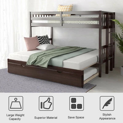 Costway Twin Over Twin Pull-Out Bunk Bed With Trundle Wooden Ladder WhiteEspresso 7 Costway Twin Over Twin Pull-Out Bunk Bed With Trundle Wooden Ladder WhiteEspresso - Image 5