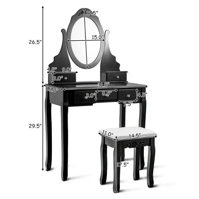 Costway Vanity Jewelry Wooden Makeup Dressing Table Set W/Stool Mirror & 5 Drawers Black 4 Costway Vanity Jewelry Wooden Makeup Dressing Table Set W/Stool Mirror & 5 Drawers Black - Image 2